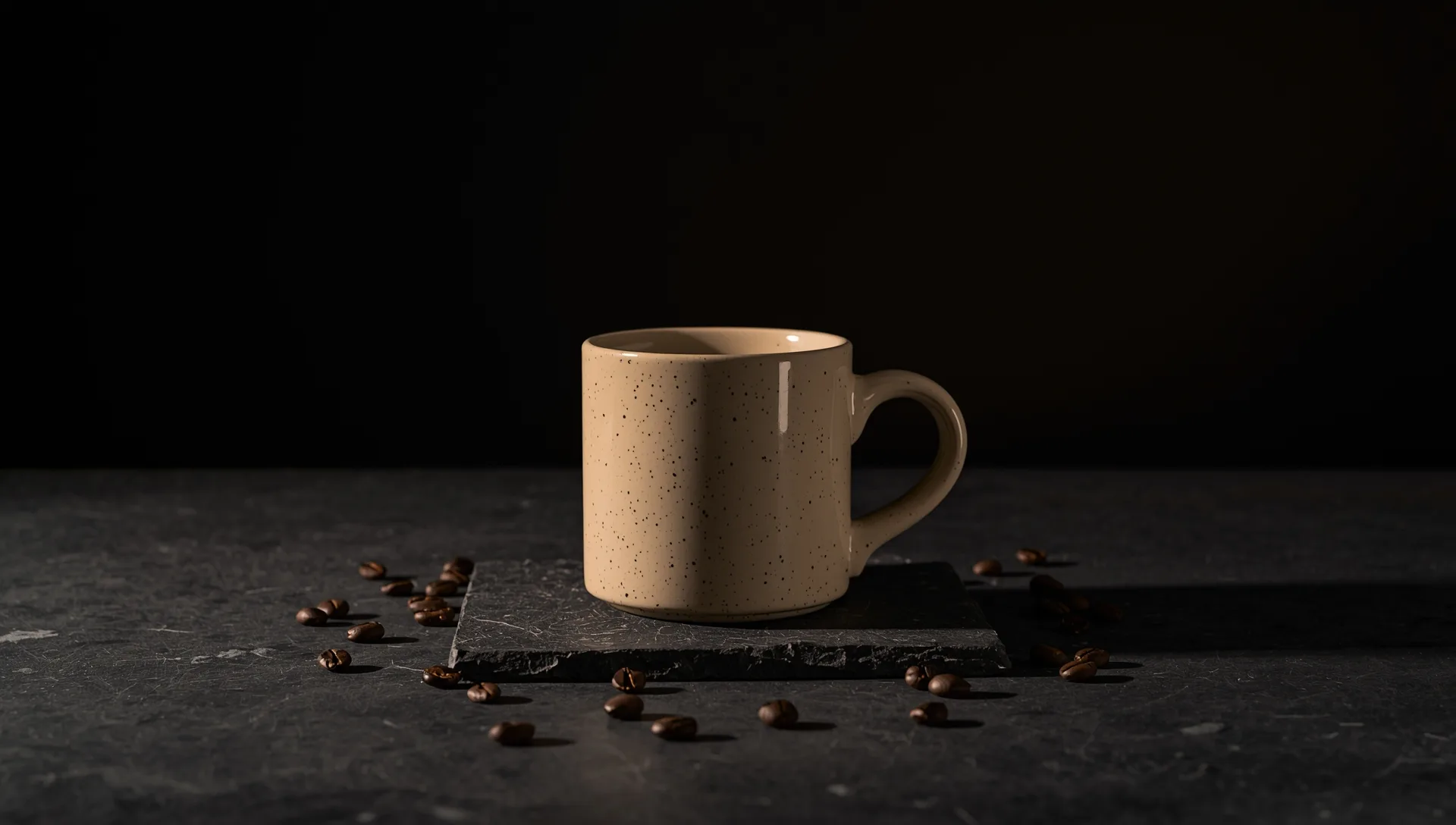 Studio shot of a speckled stoneware mug on dark slate with coffee beans