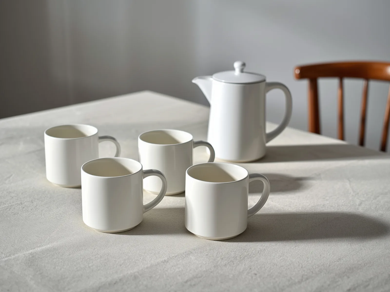 Set of four matching white porcelain mugs on a linen tablecloth