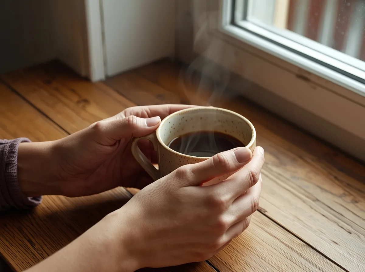 Hands cradling a warm stoneware mug of coffee at a wooden table by a window