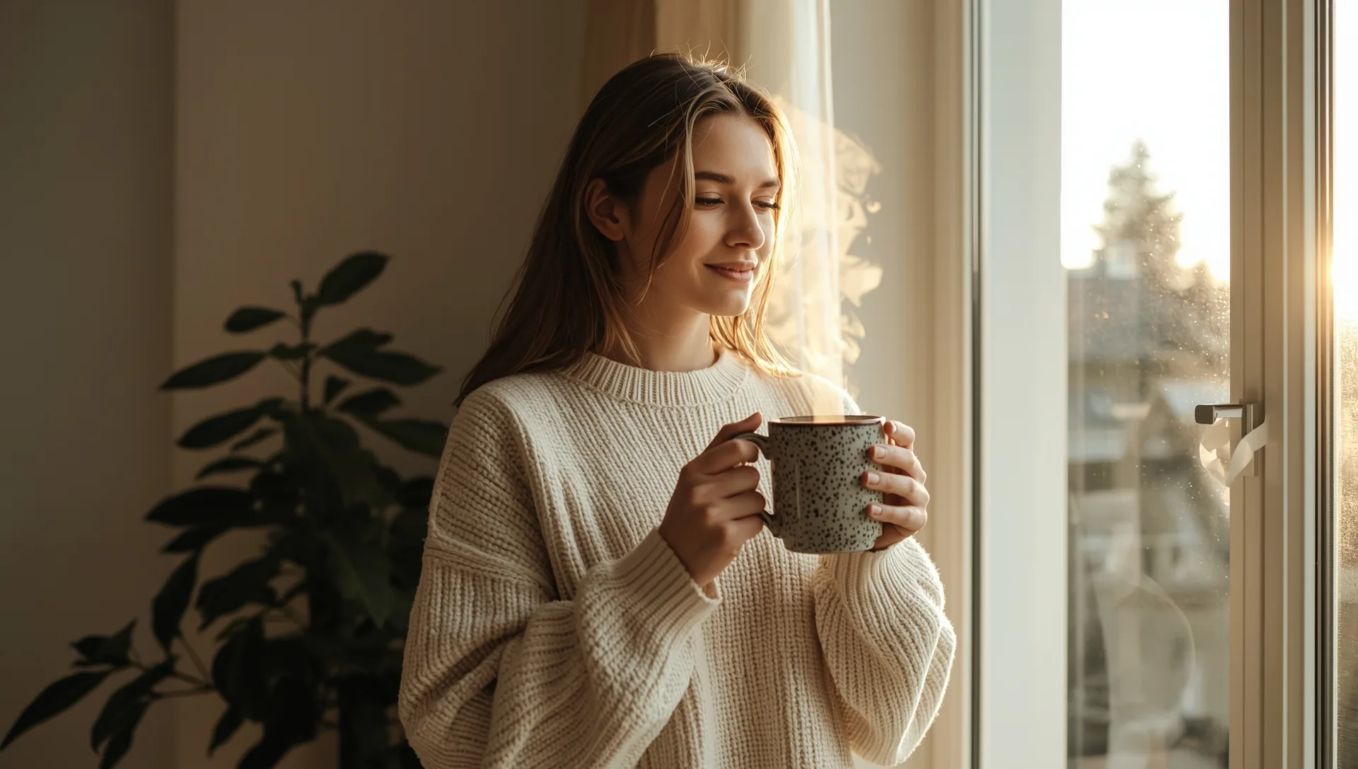 Woman in a cream sweater holding a steaming stoneware mug by a bright window