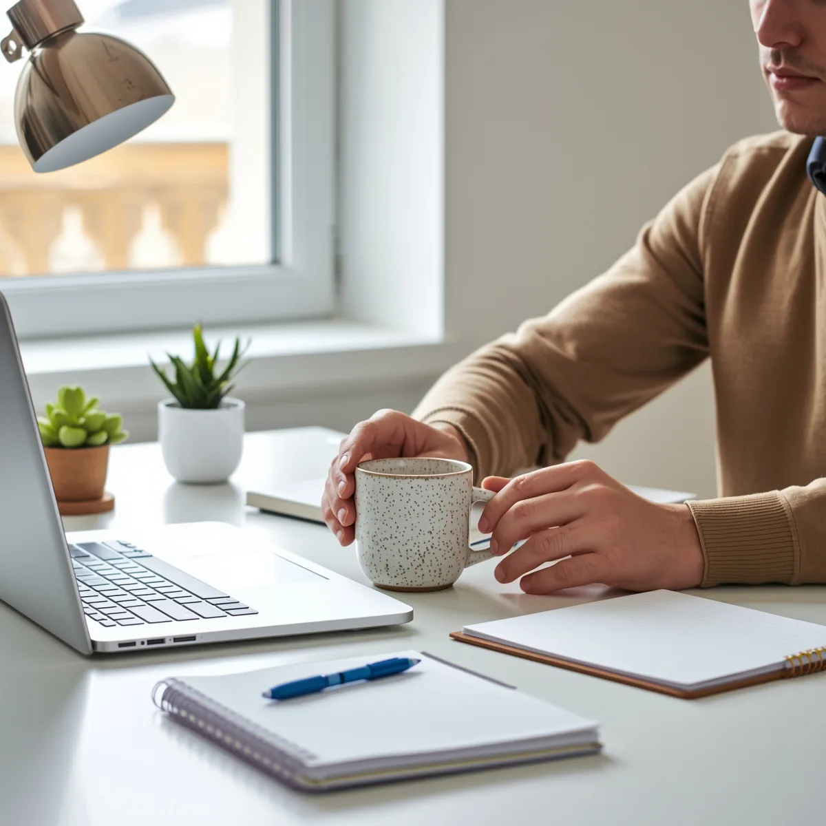 Man at a bright desk reaching for a stoneware coffee mug beside his laptop