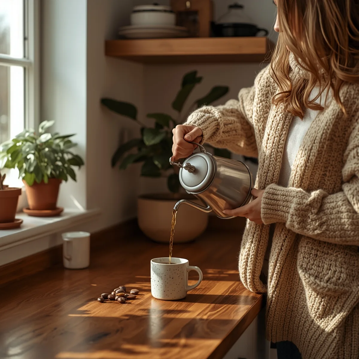 Woman in a morning kitchen pouring coffee from a kettle into a stoneware mug