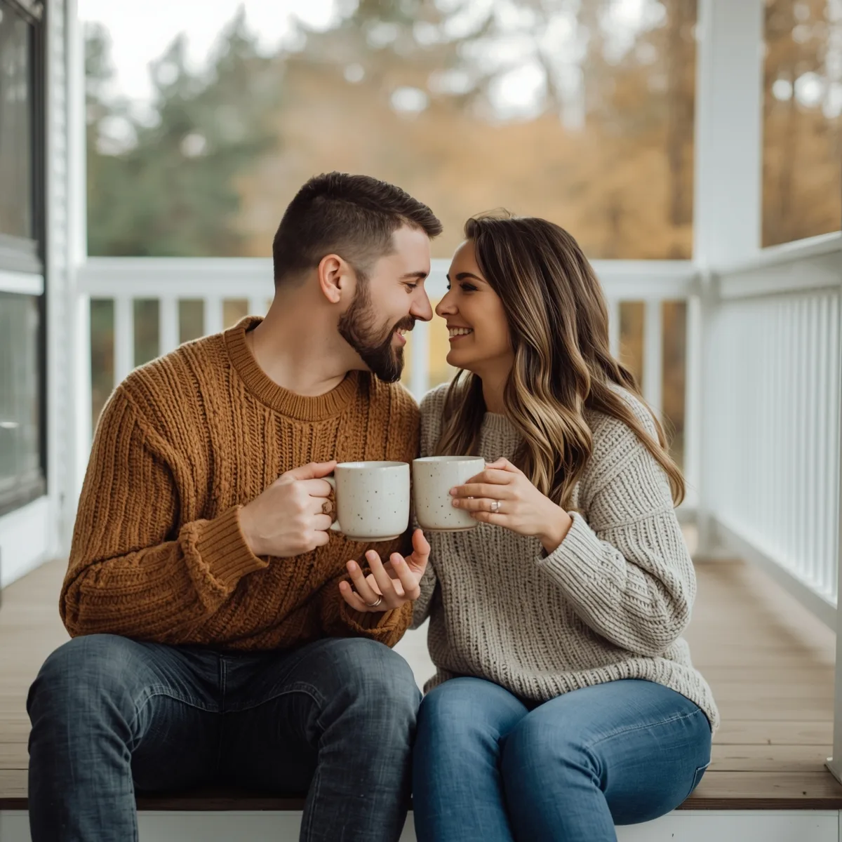 Couple sitting on a wooden porch holding stoneware mugs of coffee
