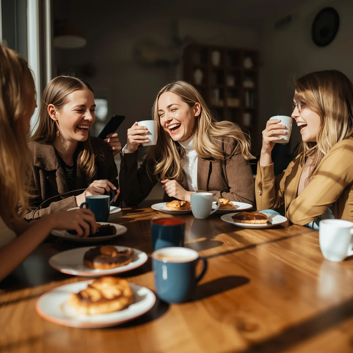 Friends around a breakfast table with coffee mugs, laughing together