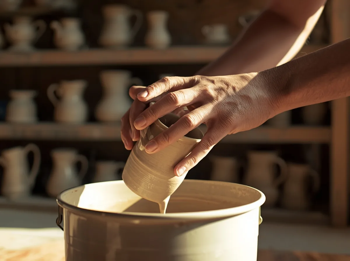 Potter's hands glazing a ceramic mug in a workshop