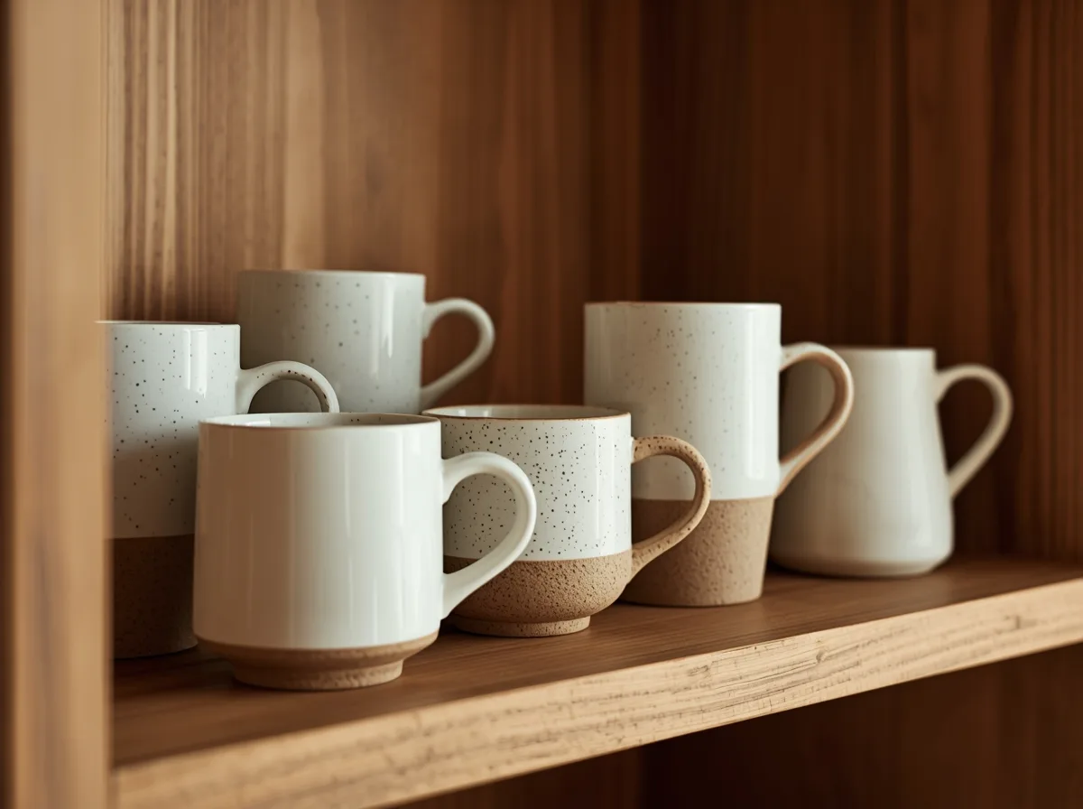 A shelf of varied ceramic coffee mugs in stoneware, porcelain, and bone china