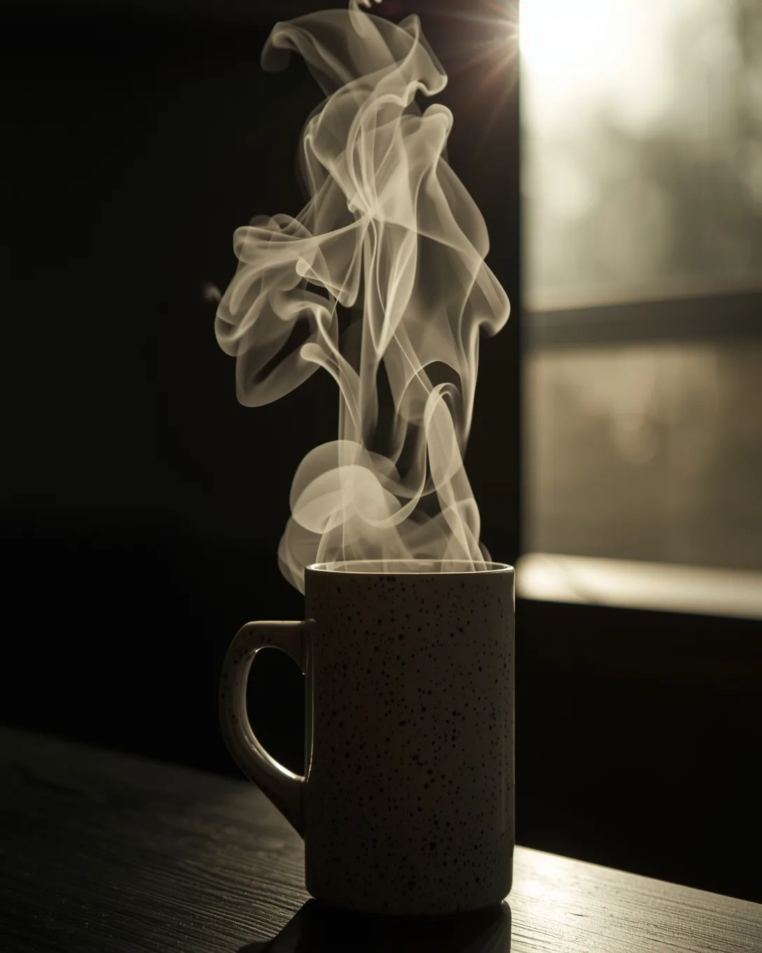 Steam rising from a tall narrow stoneware mug of black coffee in morning light