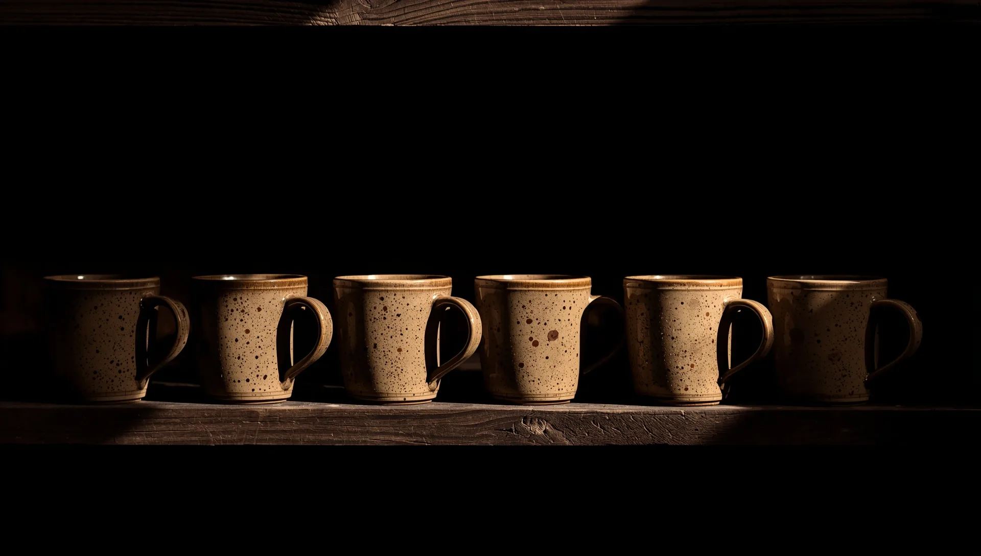 Speckled stoneware mugs on a dark wooden shelf in moody workshop light