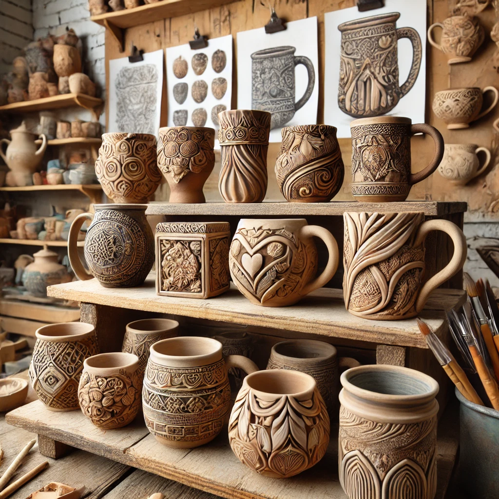 Collection of Handcrafted Clay Mugs with 3D Designs - 02